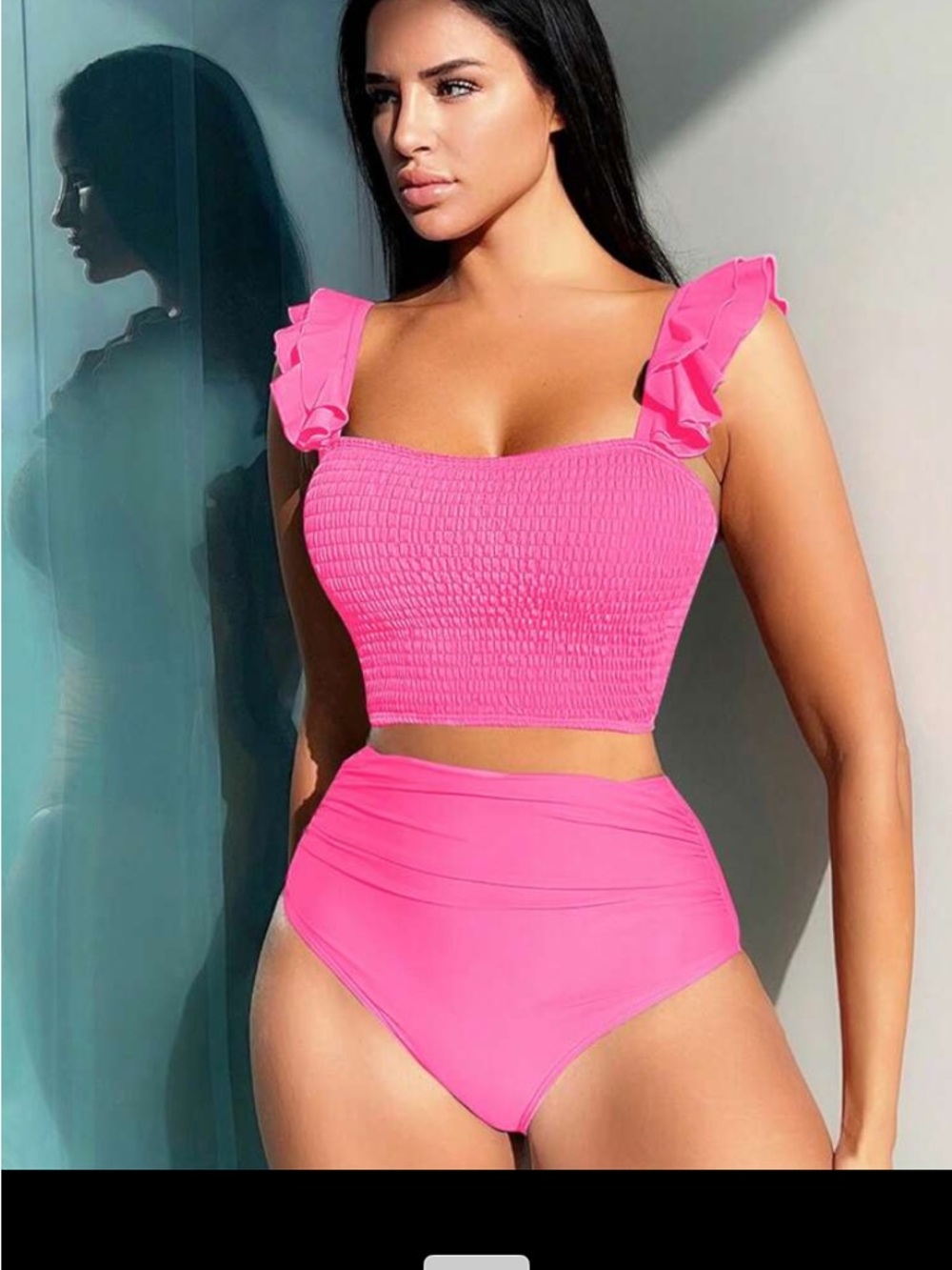 SHEIN Hot Pink Smocked Ruffle Strap Bikini Set